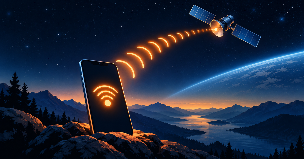 Conceptual illustration of a smartphone sending an orange emergency signal to an orbiting satellite.
